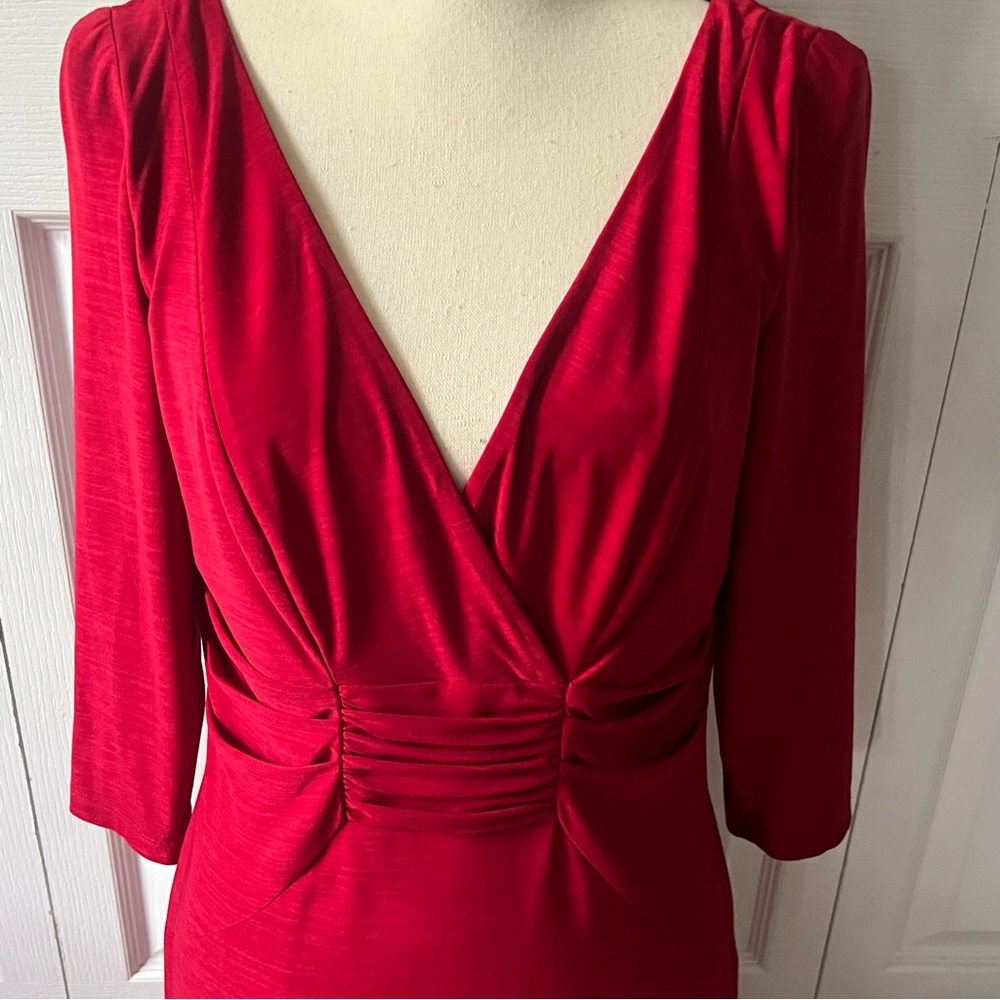David Meister Red Midi 3/4 Sleeve Dress Waist Ruching Size 8 Holiday Dress
